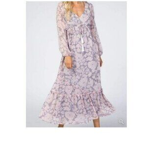 Lovestitch Gray‎ Purple Floral Chiffon Swiss Dot Puff Sleeve Maxi Dress Size S